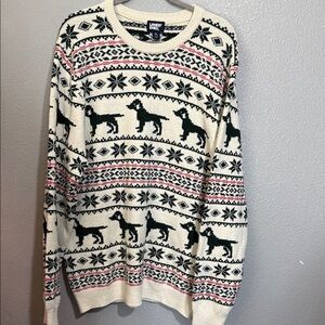 Lands' End Festive Cream and Black Crewneck Sweater